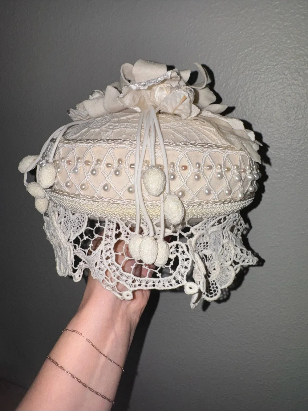 Ivory Ring bearer beaded lace pillow.